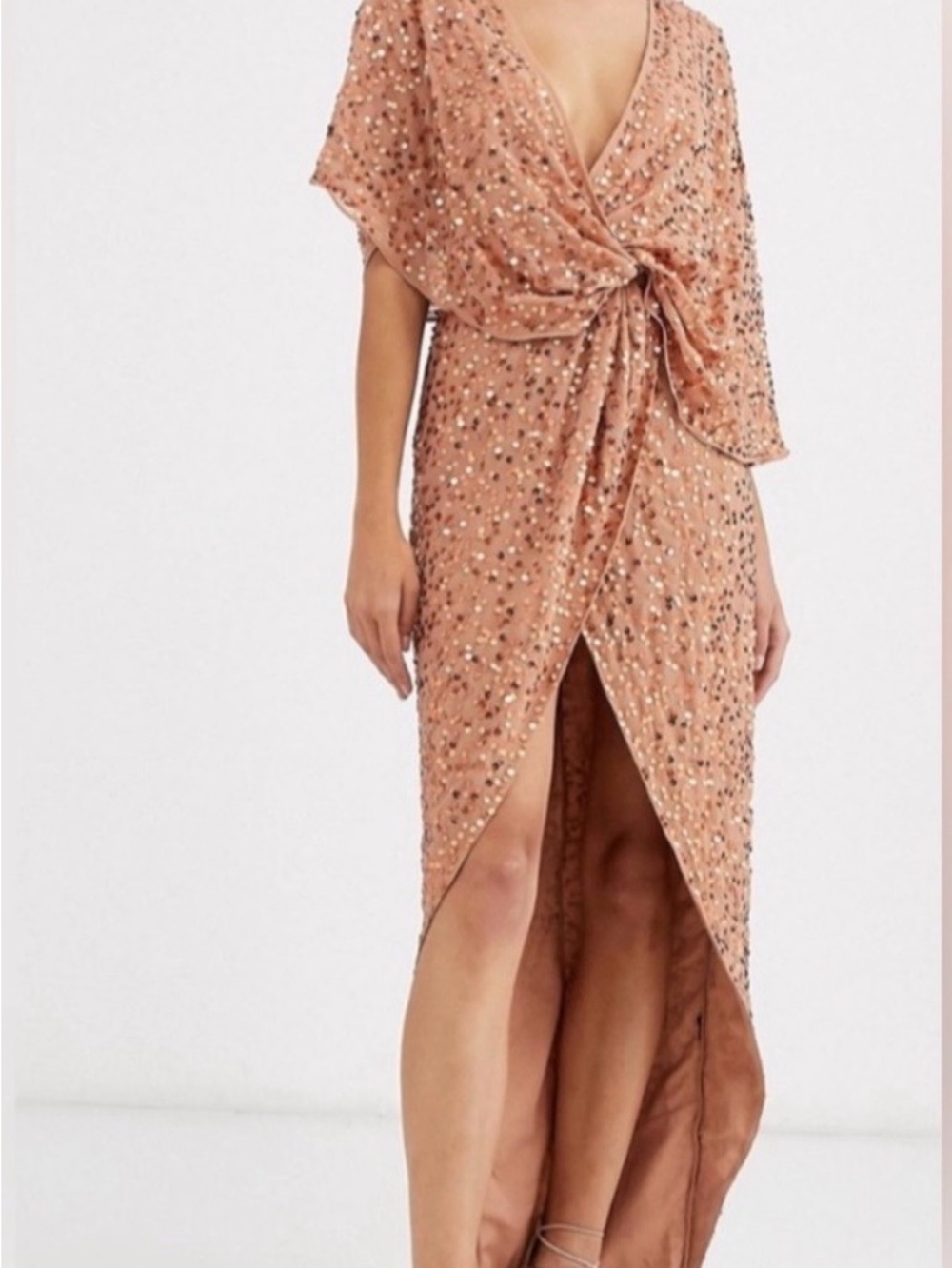 NWT ASOS Rose Gold Sequin Wrap High-Low Dress tan rust formal size 10